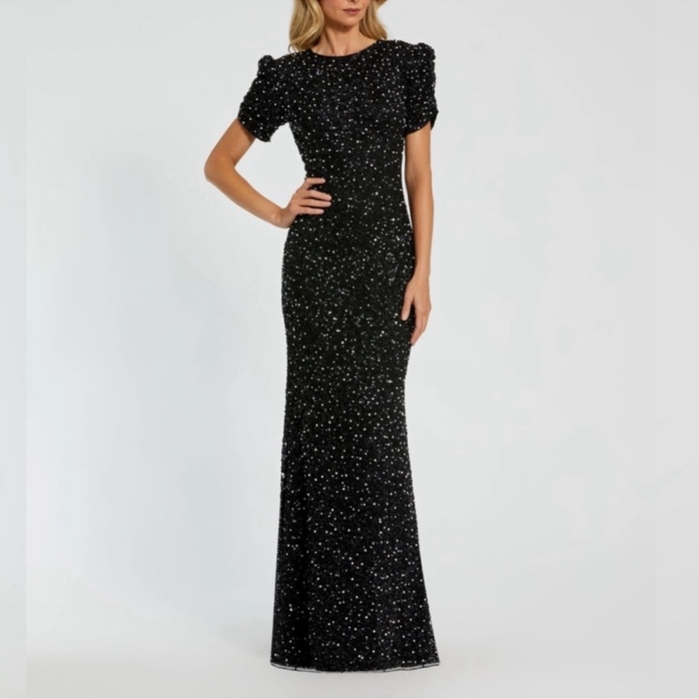 Mac Duggal Black Sequin Puff Sleeve Gown